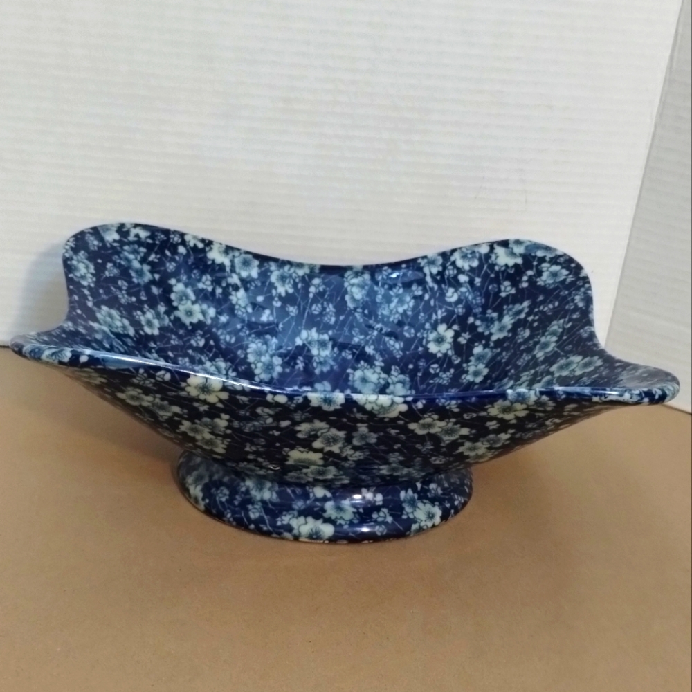 Rare Victoria Ware Ironestone Blue Calico Floral Serving Bowl With Pedestal